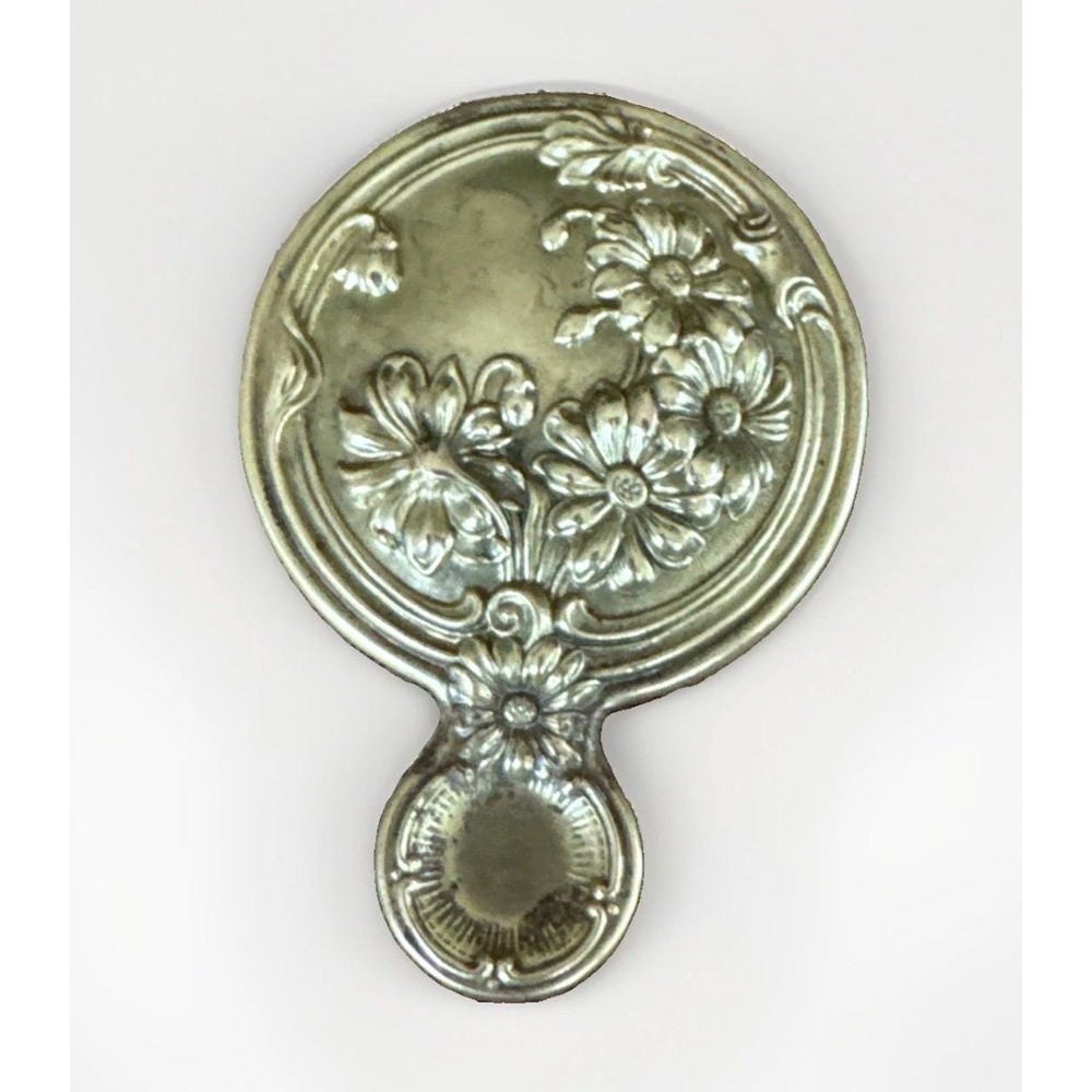 Antique Art Nouveau Hand Mirror Daisy Floral Repoussé Miniature Pocket Vanity